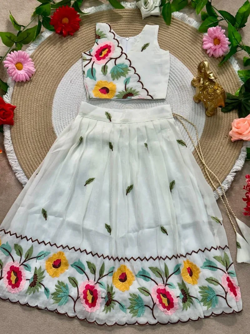 Ajd 8202 Crunchy Silk Floral Embroidery Work Kids Lehenga Choli